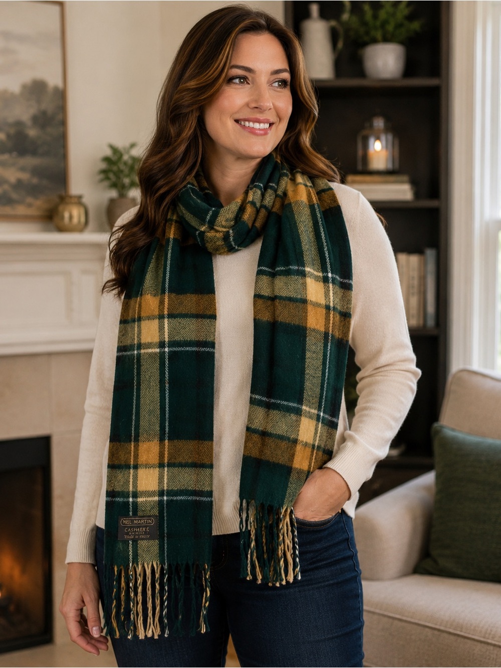 Neil Martin Plaid Fringe Scarf Wrap Green Tan Italy Winter Shawl